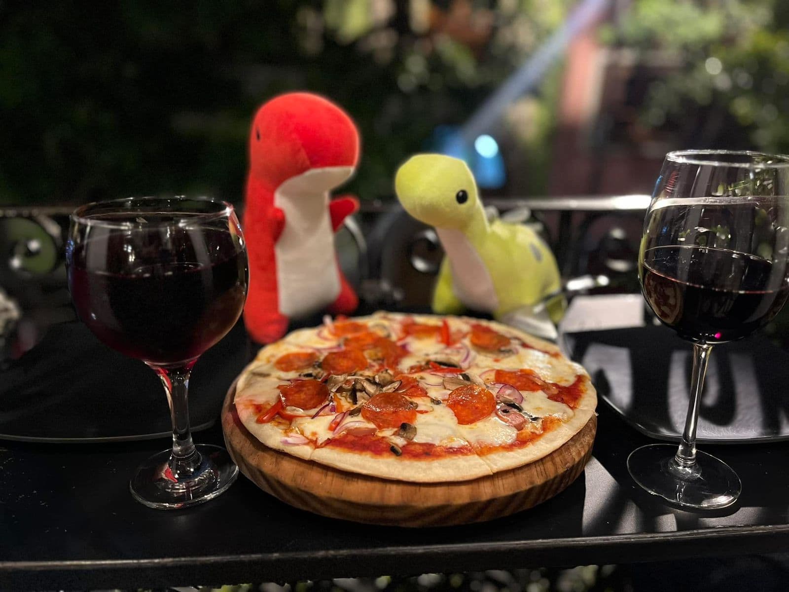 Celebrando nuestro primer aniversario. (El primero de toda una vida) Cena nocturna, vino de autor y... ¡Nuestros peluches de dinosaurios!